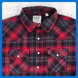 Ely Cattleman Flannel Western Shirt Men's 2XLT Tall Red Black Plaid‎ Pearl Snap